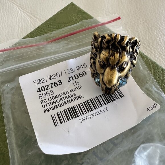 NEW Gucci Lion Head Gold Ring Blue Aquamarine Stone Size 16 IT 7.5 US - Picture 11 of 11